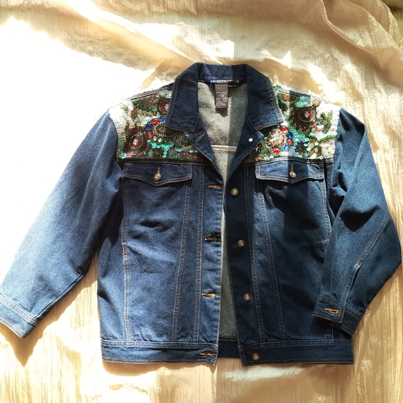 Store Close Mid Of Nov!!💎Gorgeous Vintage Unisex Shiny Bead DenimJacket💎 - Picture 3 of 13